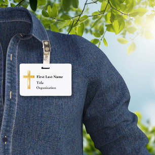 Name Badge with Christian Gold Cross ID Badge