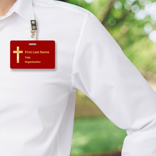 Name Badge with Christian Gold Cross  ID Badge (Modern name badge with gold cross. Perfect for events & meetings. Customize text & attachment style.)