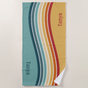 Name, Beach Wave Stripes, Mid Century Modern Colou Beach Towel