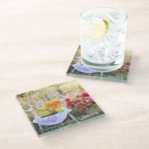 Name, Beautiful Autumn Wildflowers Vintage Print Glass Coaster