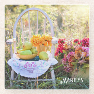 Name, Beautiful Autumn Wildflowers Vintage Print Glass Coaster