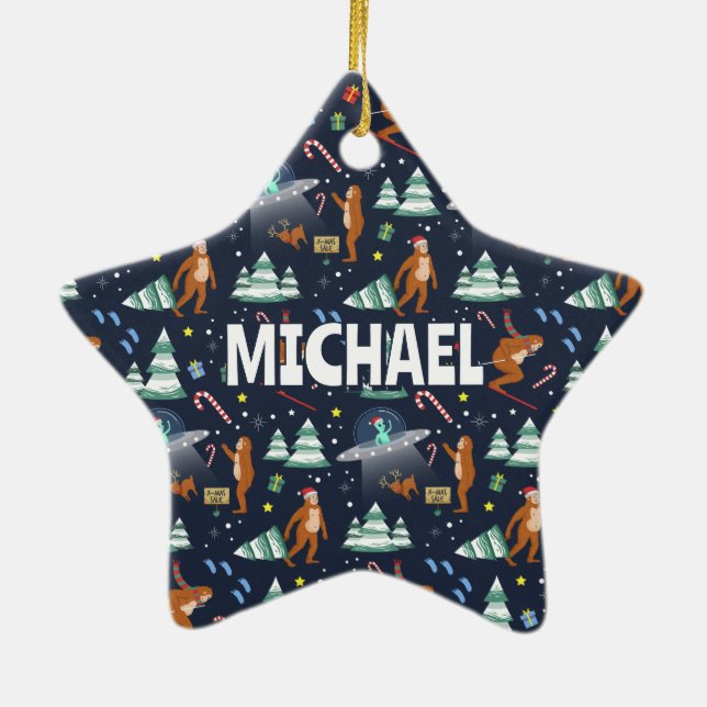 NAME - Big Foot, Aliens, & Reindeer Christmas Ceramic Tree Decoration (Back)