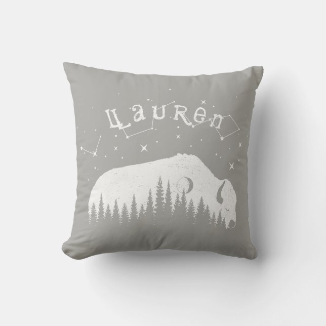 Name Bison Buffalo Grey White Stars Galaxy Moon Cushion (Front)