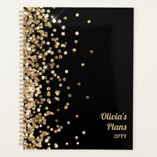 Name Black and Gold Glitter Elegant Soft Cover Planner (Front)