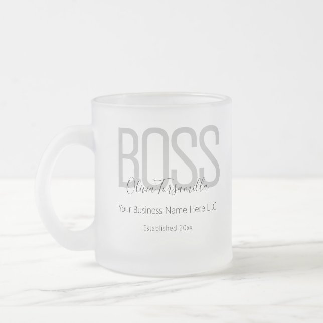 Name Black Grey Boss Frosted Glass Coffee Mug (Left)