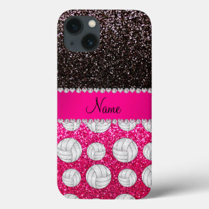 Name black neon hot pink glitter volleyballs iPhone 13 case