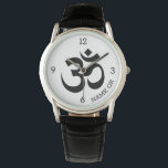 Name, Black Om Symbol Classic Masculine Watch<br><div class="desc">A classic men's black leather band watch with a printed OM symbol, primary numbers and room for a subtle name or monogram initials. Change text to add name, initials, or remove using the Template provided. A brown leather strap and other styles are available. See "About this Product" for detailed specifications...</div>