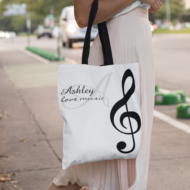 Name & Black Treble Clef Music Tote Bag (love music)