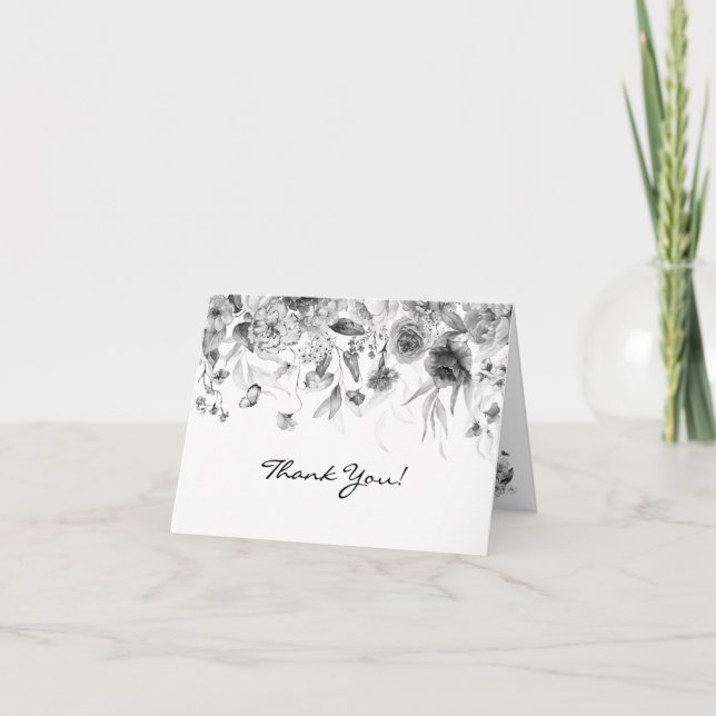Name, Black & White Elegant Fine Art Florals Thank You Card (Front)