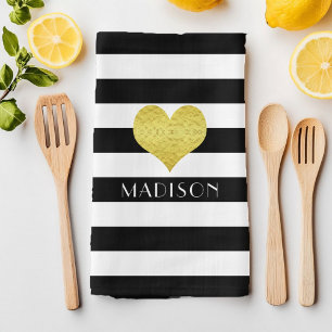 Name Black White Gold Heart Pattern Print Tea Towel