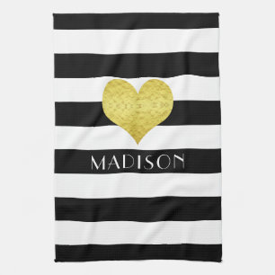 Name Black White Gold Heart Pattern Print Tea Towel