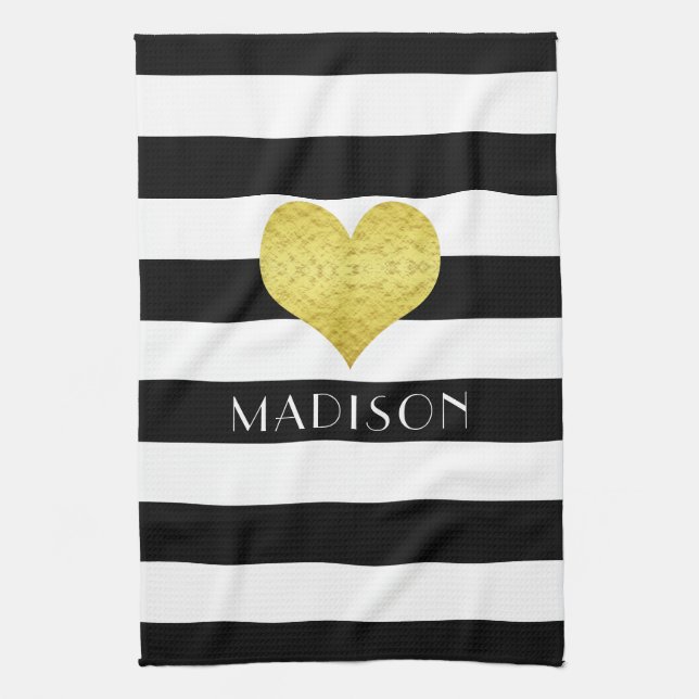 Name Black White Gold Heart Pattern Print Tea Towel (Vertical)
