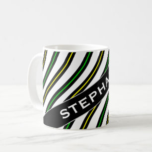 Name + Black, Yellow & Green Wavy Lines Pattern Coffee Mug