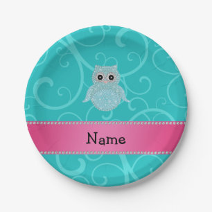Name bling owl diamonds turquoise swirls paper plate