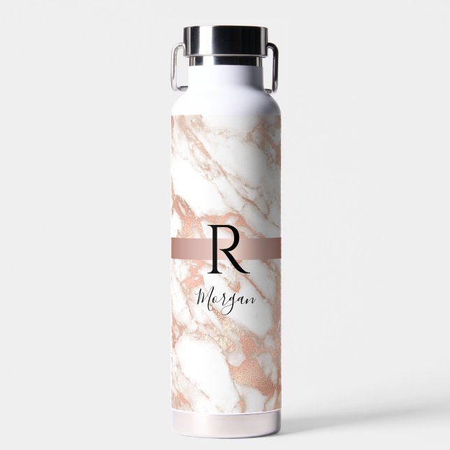 Name & Blk Monogram, White & Rose Gold Marble Vs 2 Water Bottle (Front)