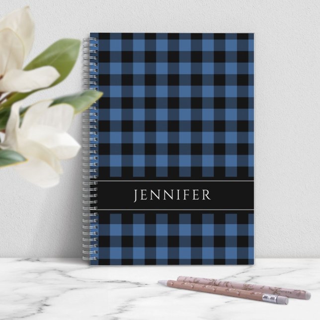 Name Blue & Black Checks Plaid Gingham Pattern Not Notebook (Personalized Modern Blue Plaid Notebook)
