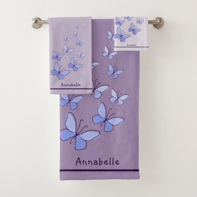 Name Blue Butterfly Doodle Kaleidoscope Lavender Bath Towel Set (Insitu)