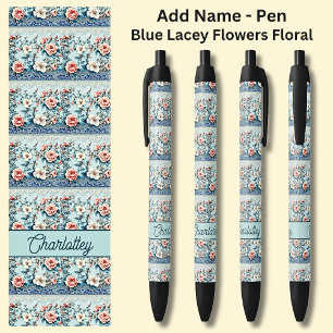 Name Blue Chinoiserie Lace Floral Black Ink Pen