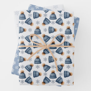 Name Blue Knit Gold Pom Beanie Caps & Snowflakes Wrapping Paper Sheet