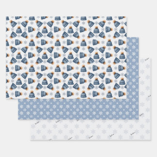 Name Blue Knit Gold Pom Beanie Caps & Snowflakes Wrapping Paper Sheet