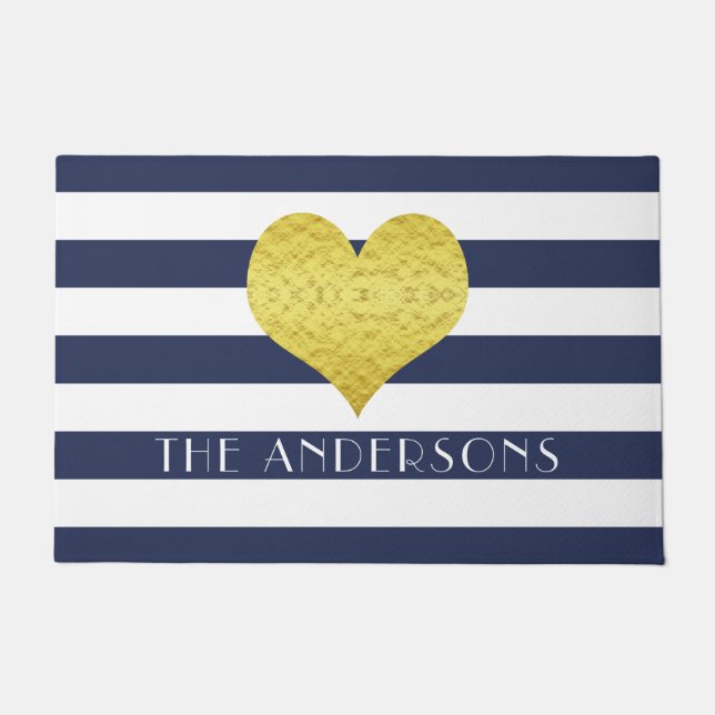 Name Blue White Gold Heart Pattern Print Doormat (Front)
