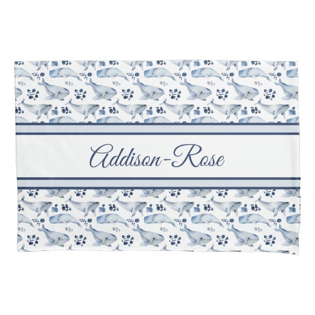 Name Blue White Whale Ocean Pattern Nursery Pillowcase (Front)