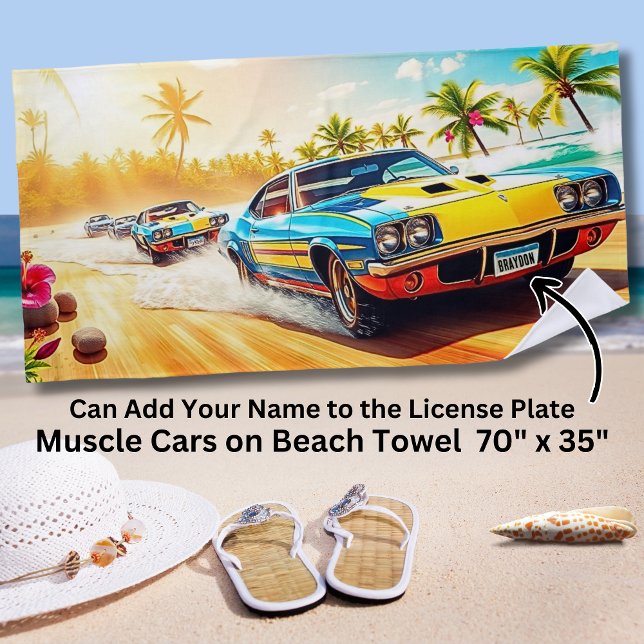 Name, Blue Yellow Muscle Cars on Sandy Surf Shore Beach Towel (Creator Uploaded)