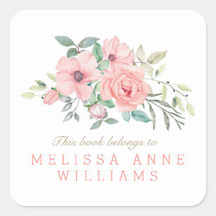 Name Blush Coral Watercolor Floral Bookplate Square Sticker