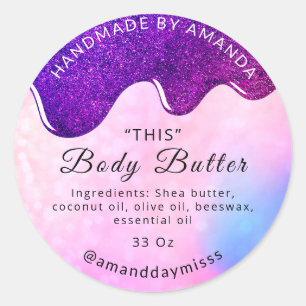 Name Body Butter Drips Pink Holographic Liquid Classic Round Sticker
