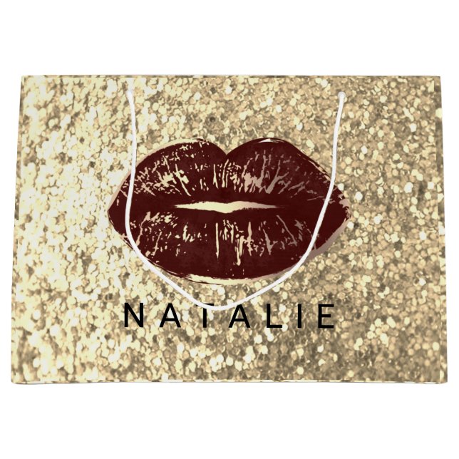 Name Bridal Brown Kiss Lips Glitter Champagne Gold Large Gift Bag (Front)