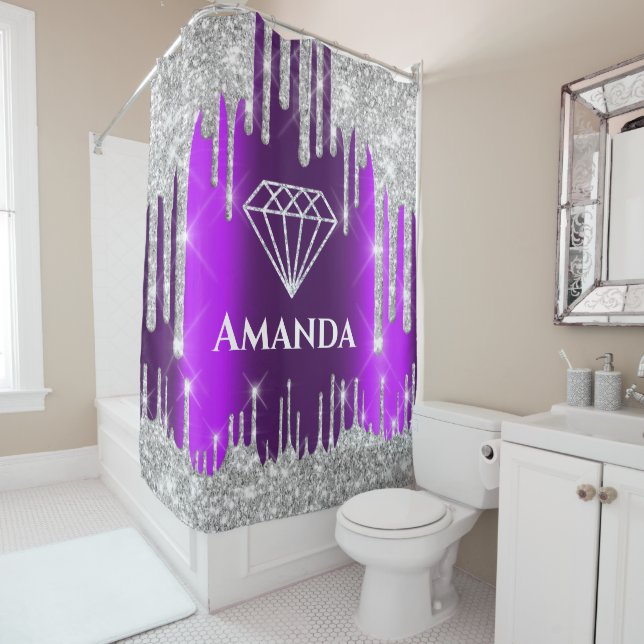 Name Bridal Glitter Drips Grey Purple Diamond Shower Curtain (In Situ)