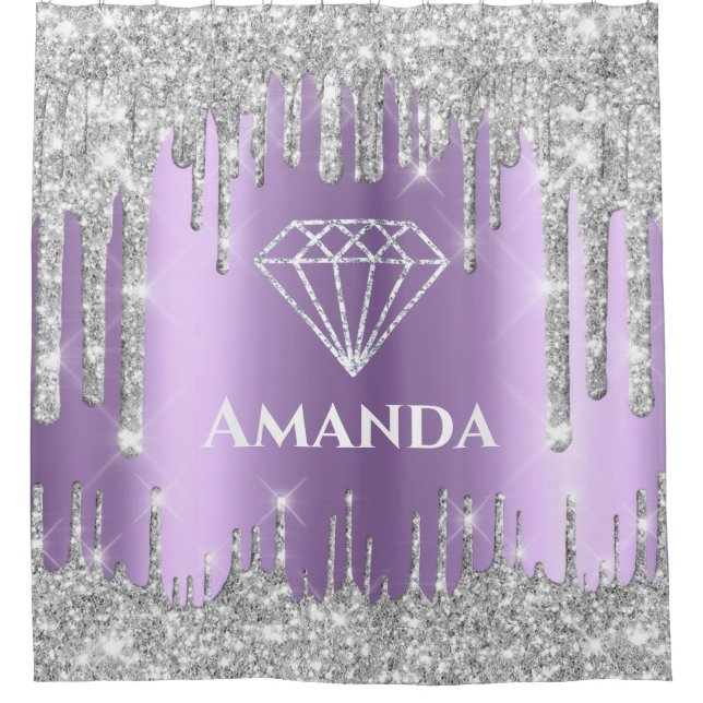 Name Bridal Glitter Drips Grey Violet Diamond Shower Curtain (Front)