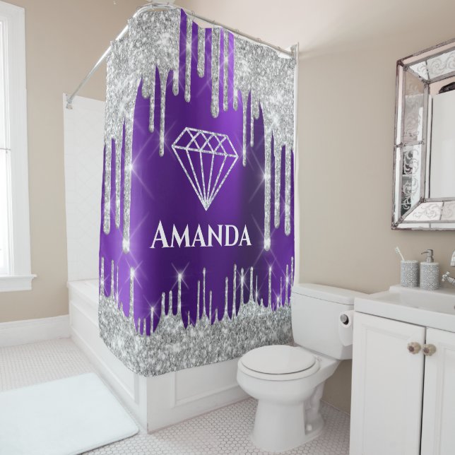 Name Bridal Glitter Drips Grey Violet Diamond Shower Curtain (In Situ)