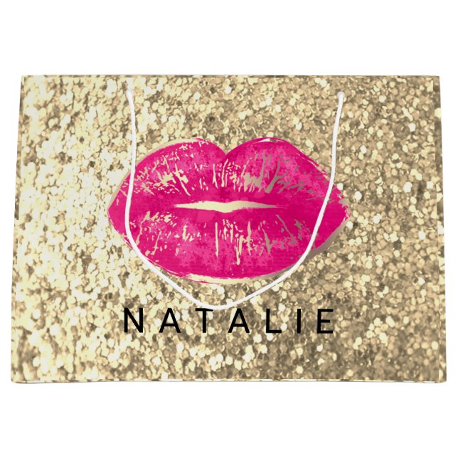 Name Bridal Pink Kiss Lips Glitter Champagne Gold Large Gift Bag (Front)