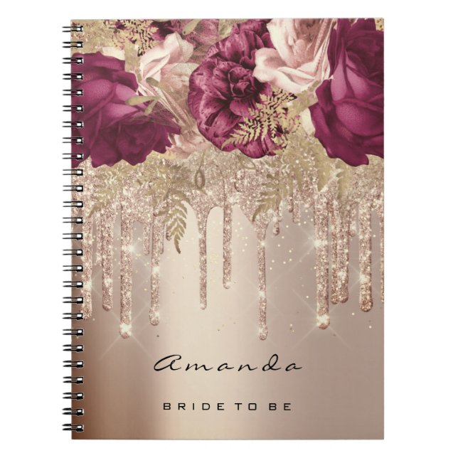 Name  Bridal Shower Marsala Drips Rose Florals Notebook (Front)
