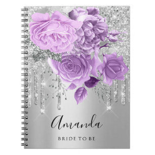 Name Bridal Shower Silver Drip Floral Purple Roses Notebook