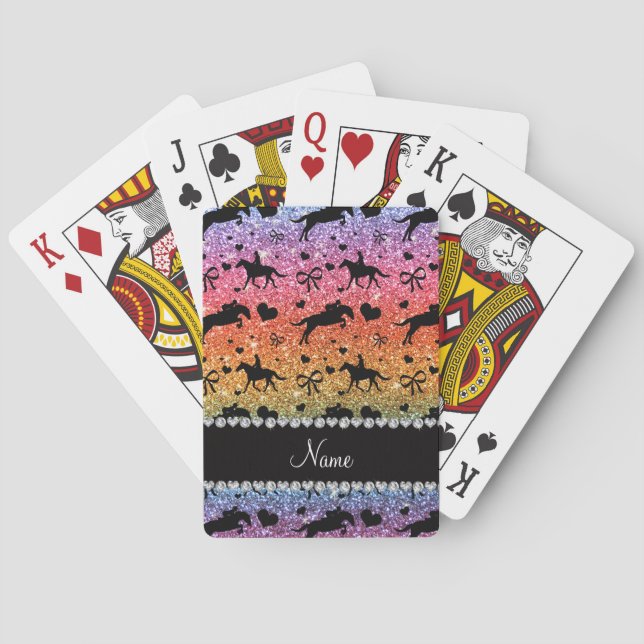 Name bright rainbow glitter equestrian hearts bows playing cards (Back)