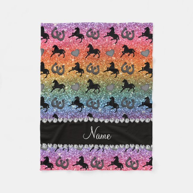 Name bright rainbow glitter horses heart horseshoe fleece blanket (Front)