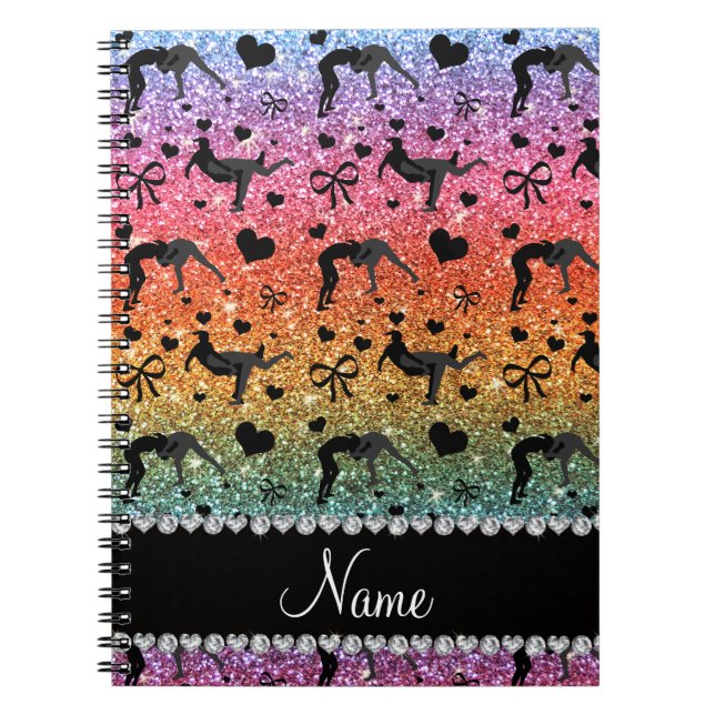 Name bright rainbow glitter wrestling hearts bows notebook (Front)