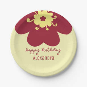 Name Burgundy Blossom Happy Birthday Paper Plate