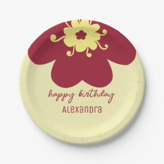 Name Burgundy Blossom Happy Birthday Paper Plate