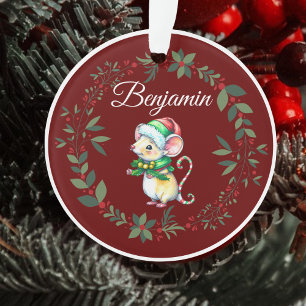 Name Burgundy Cute Mouse Christmas Tree Ornament