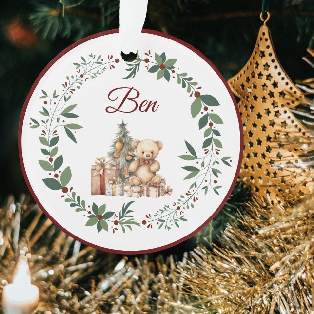 Name Burgundy Cute Teddy Christmas Tree Ornament (Creator Uploaded)