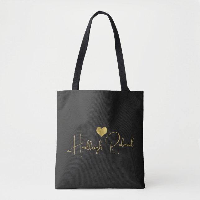 Name Calligraphy Monogram Gold Heart Tote Bag (Front)