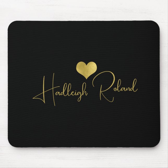 Name Calligraphy Monogram Heart Gold Black Mouse Mat (Front)