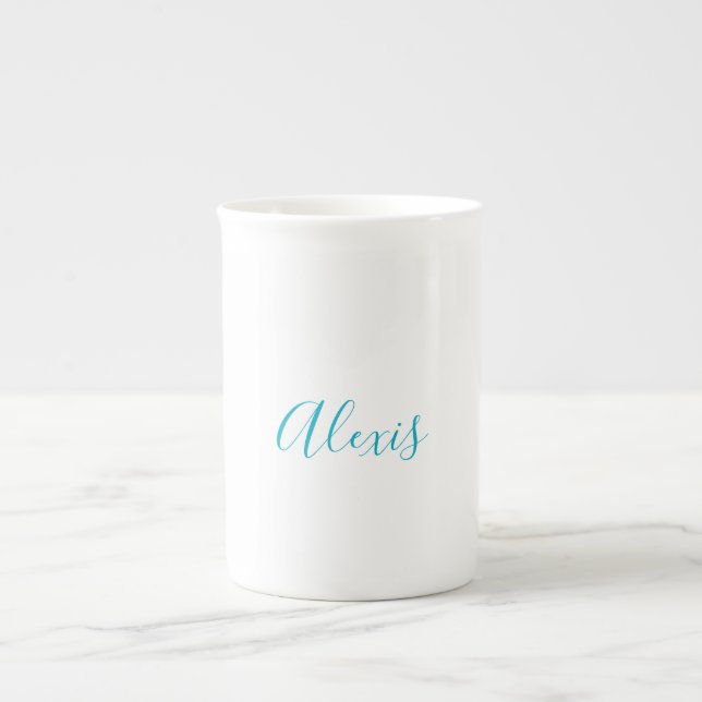 Name Calligraphy Script Plain Simple White Blue Bone China Mug (Front)