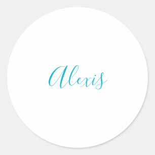 Name Calligraphy Script Plain Simple White Blue Classic Round Sticker