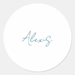 Name Calligraphy Script Plain Simple White Blue Classic Round Sticker