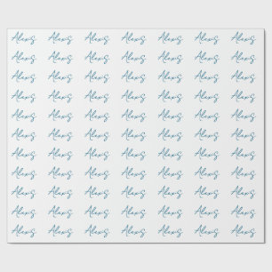 Name Calligraphy Script Plain Simple White Blue Wrapping Paper