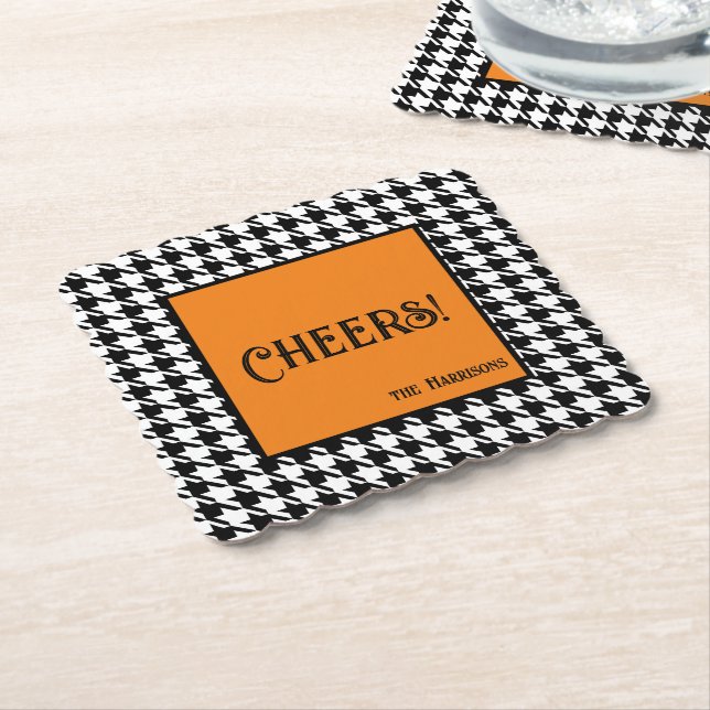 Name & Cheers! Orange Black White Houndstooth  Paper Coaster (Angled)